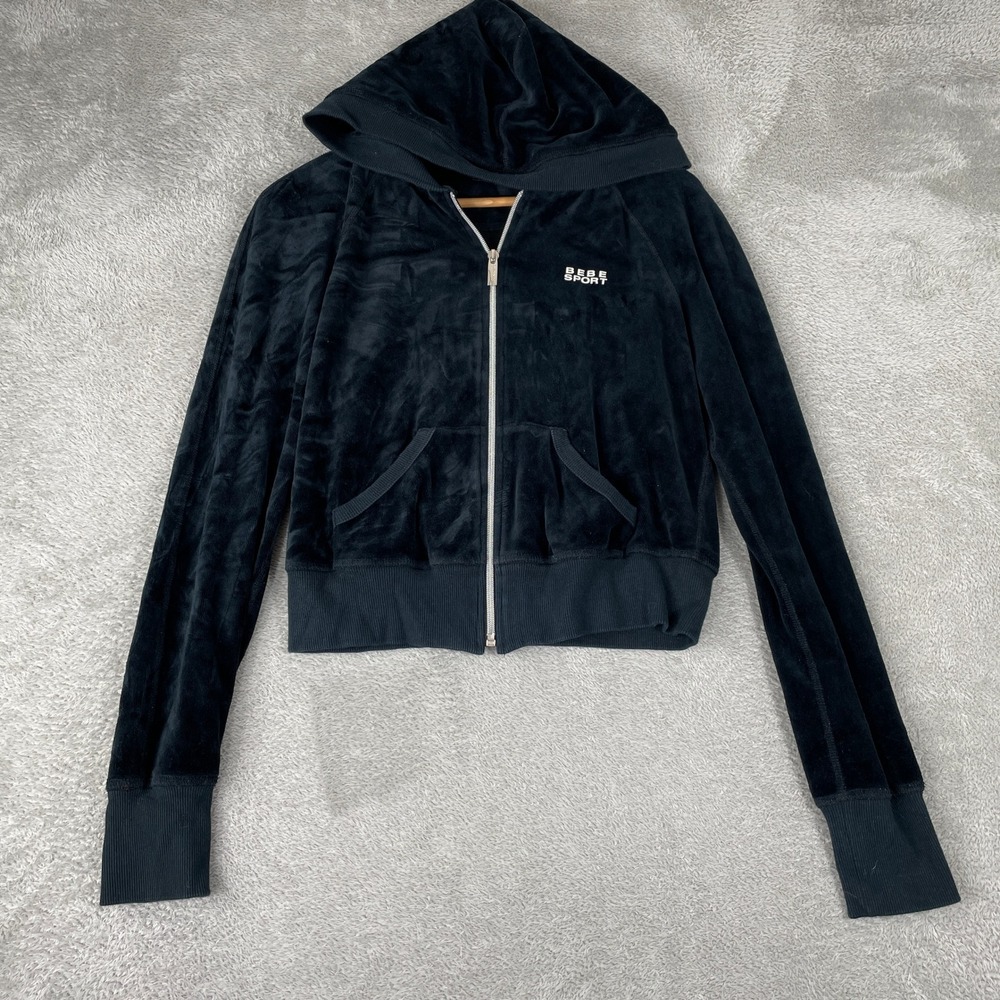 Bebe Sport Hoodie Womens Large Black Velour Full Zip Cropped Y2K USA Made